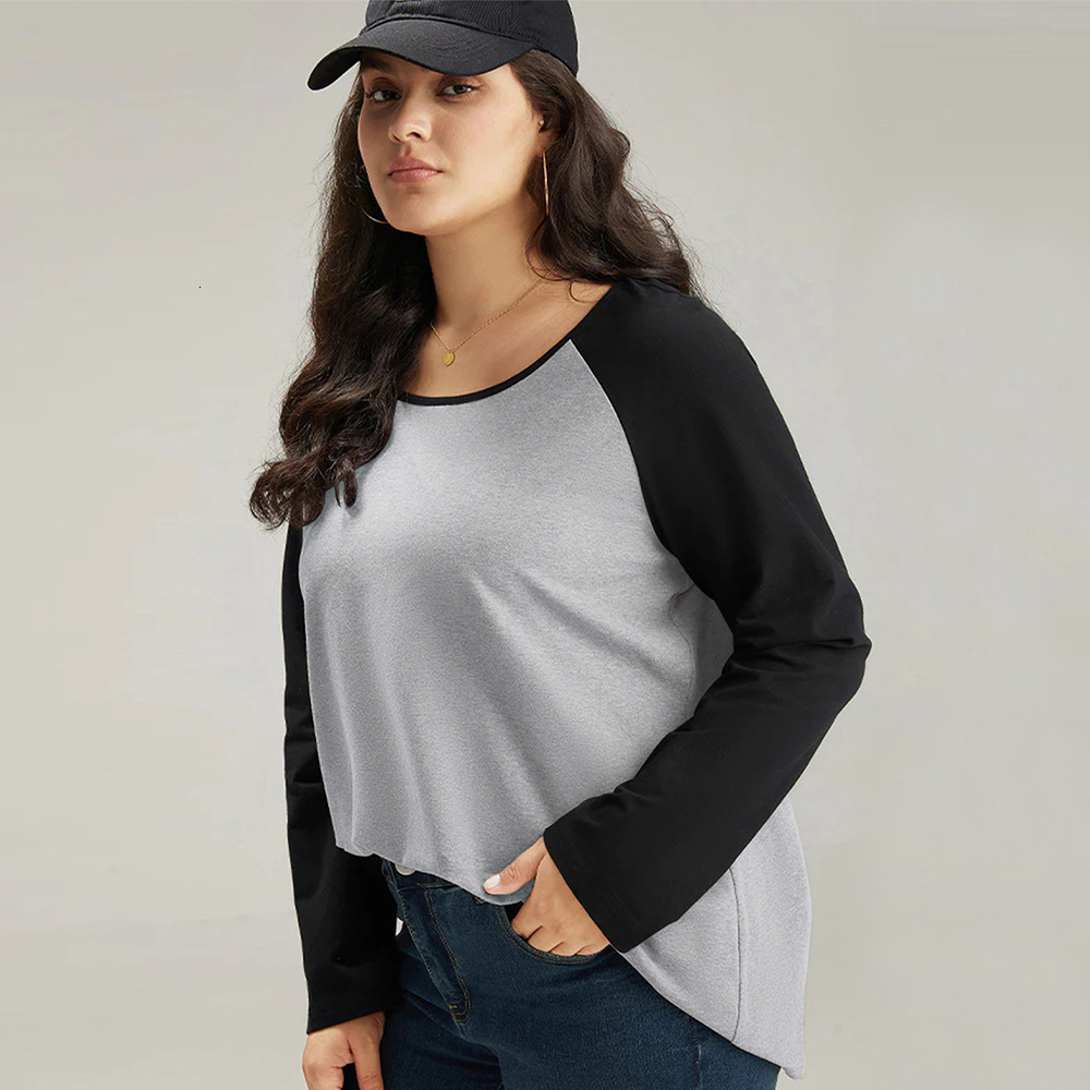 Large Size Womens Loose American Style Contrasting Splicing Design T-shirt Niche Casual Long Sleeved Top