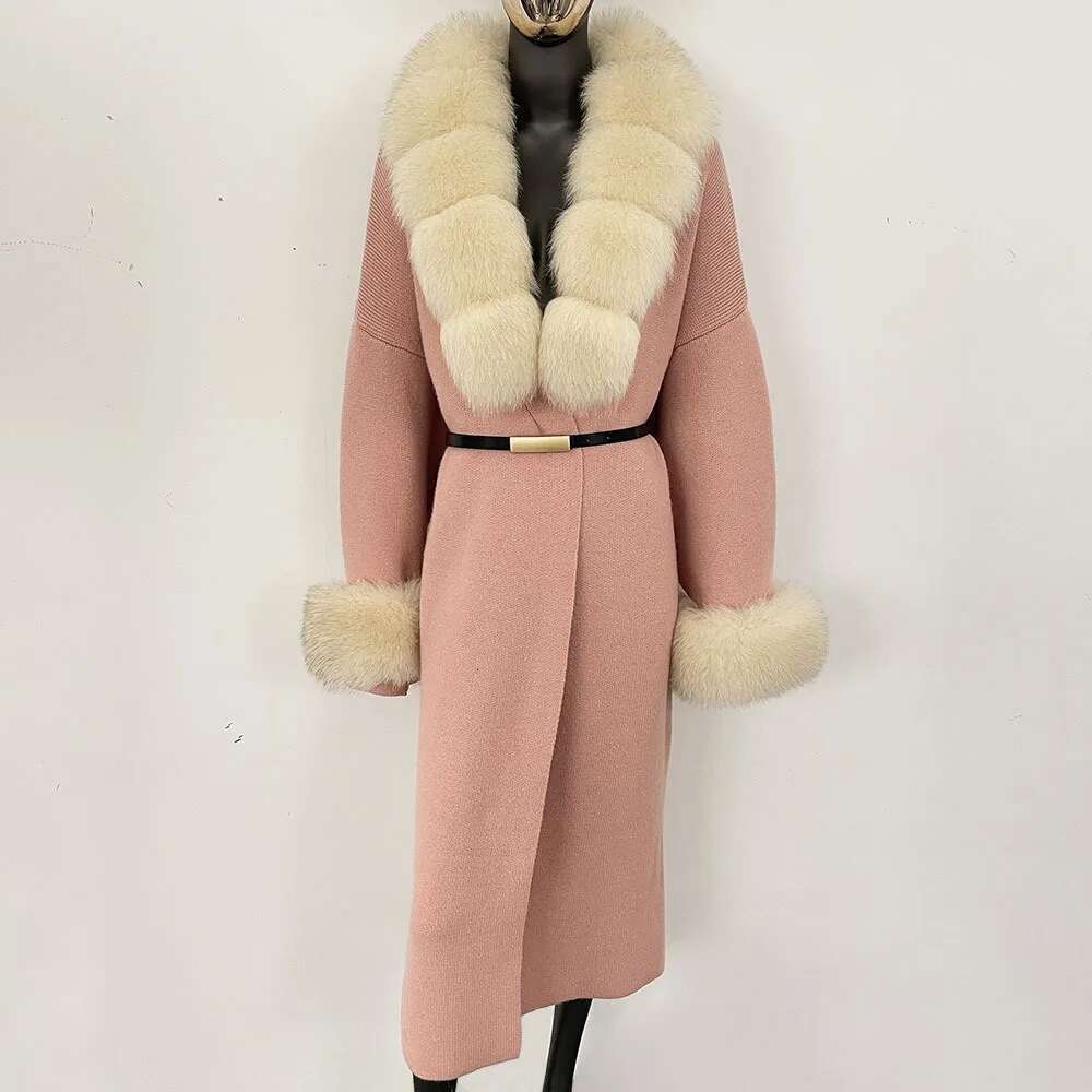Long Knitwear Warm Belt Real Fox Jacket Female New Autumn Winter Kintted Natural Fur Coat Women