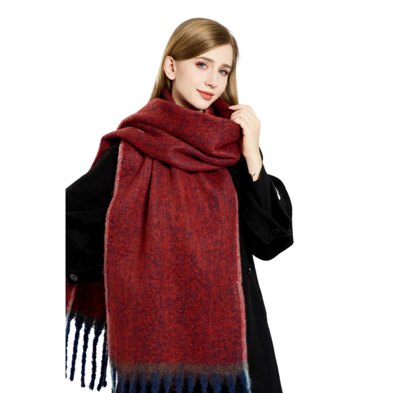 K738 Simple border solid color scarf women's warm imitation cashmere tassel scarf autumn and winter contrast color neck cold shawl