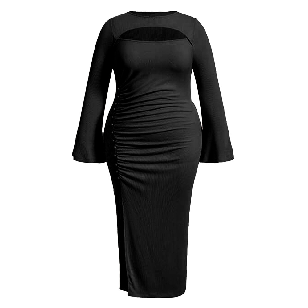 Large Size Womens Autumn and Winter New Slim Fit Hip Hugging Temperament Commuting Sexy Hollow Out Dress