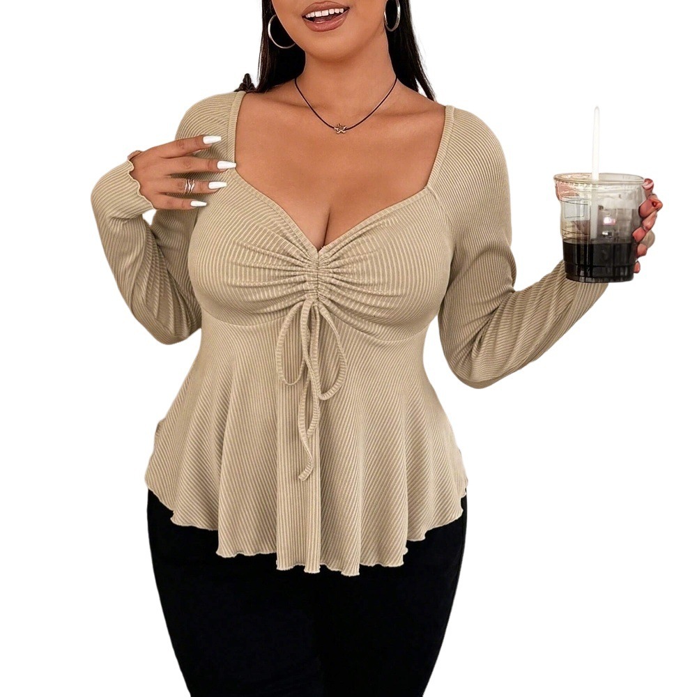 Autumn and Winter New Plus Size Womens Clothing Elegant Style T-shirt V-neck Slim Fit Short Sleeved Top