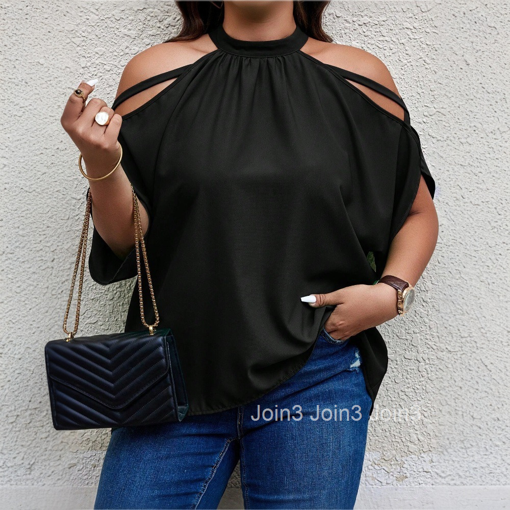 Large Size Womens Spring and Summer New Style Off Shoulder Design Fashionable and Casual Hanging Neck Temperament Top