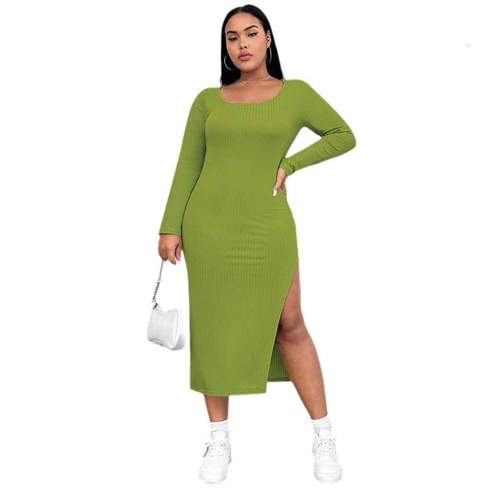 Large Size Womens Autumn and Winter New Slim Fit Bag Hip Slit Square Neck Knitted Long Sleeved Dress