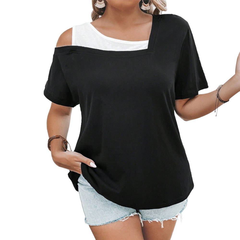 2025 Plus Size Womens Fake Two-piece T-shirt for Spring and Summer New Style Loose Casual Style Contrasting Color Top