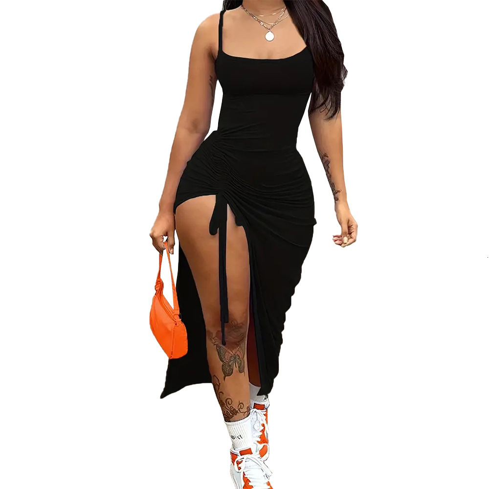 Summer New Womens Sexy Backless Pleated Slit Slim Fit Solid Color Suspender Dress
