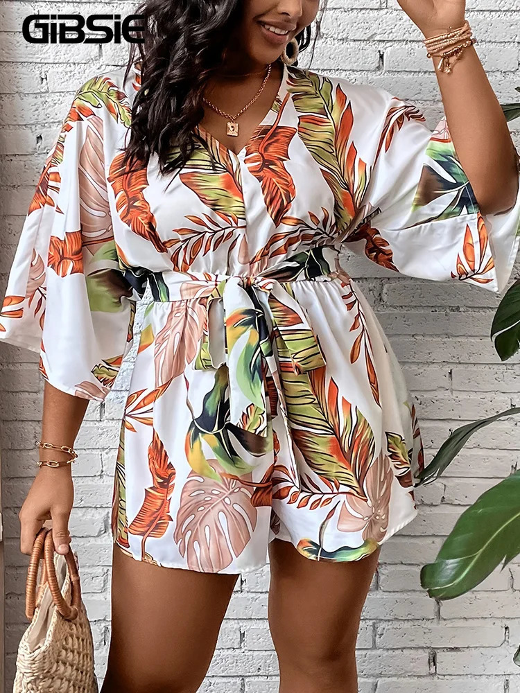 GIBSIE Plus Size Tropical Print Belted Jumpsuit Romper Women Summer V-Neck 34 Sleeve Beach Vacation Playsuit Womens Rompers 250515