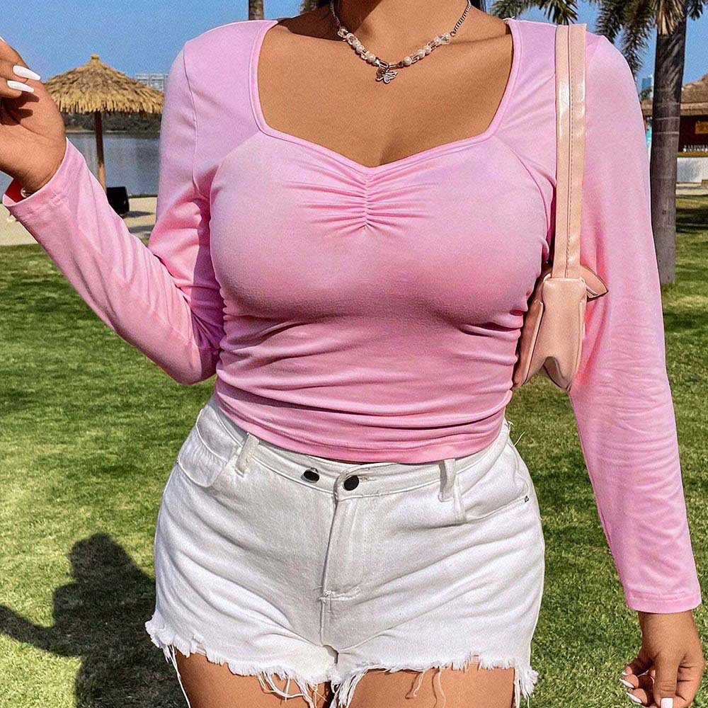 Plus Size Womens Clothing Age Reduction Sweet Style T-shirt Autumn and Winter New Pink Backless Top