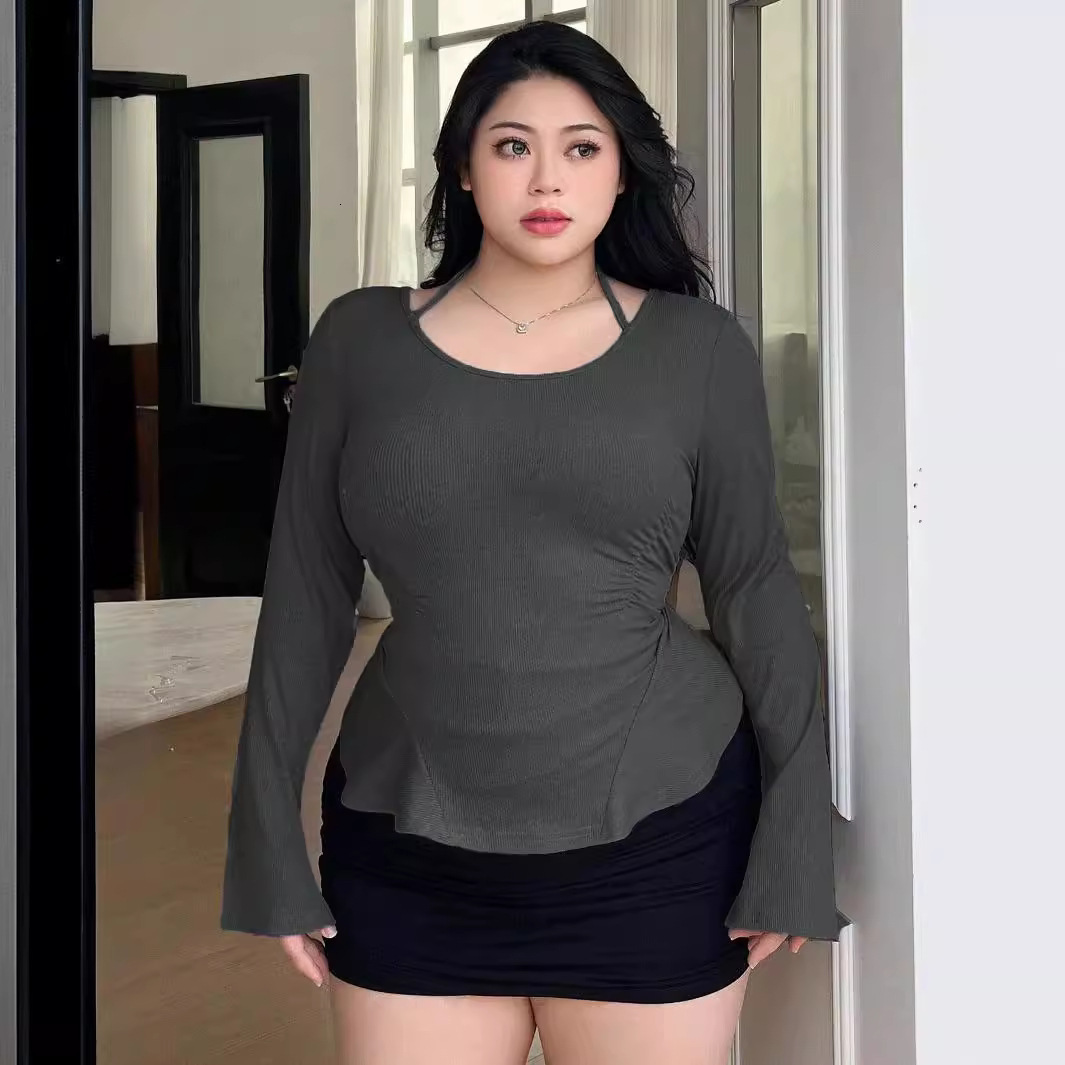 Autumn and Winter Plus Size Womens Sexy Pure Desire Style T-shirt U-neck Long Sleeved Temperament Slimming Top