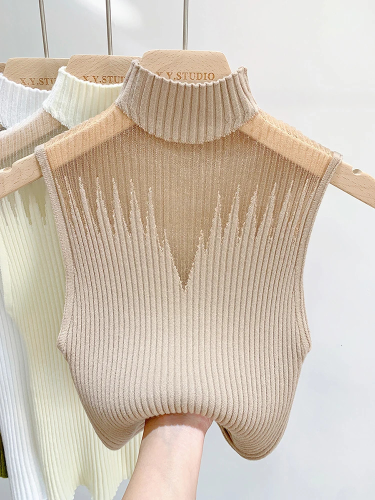Mesh Knitted Top Women Y2K Tank Half Neck Vest Female Sleeveless Sweater Chic Cut Out Streetwear Solid Skinny Tube 250506