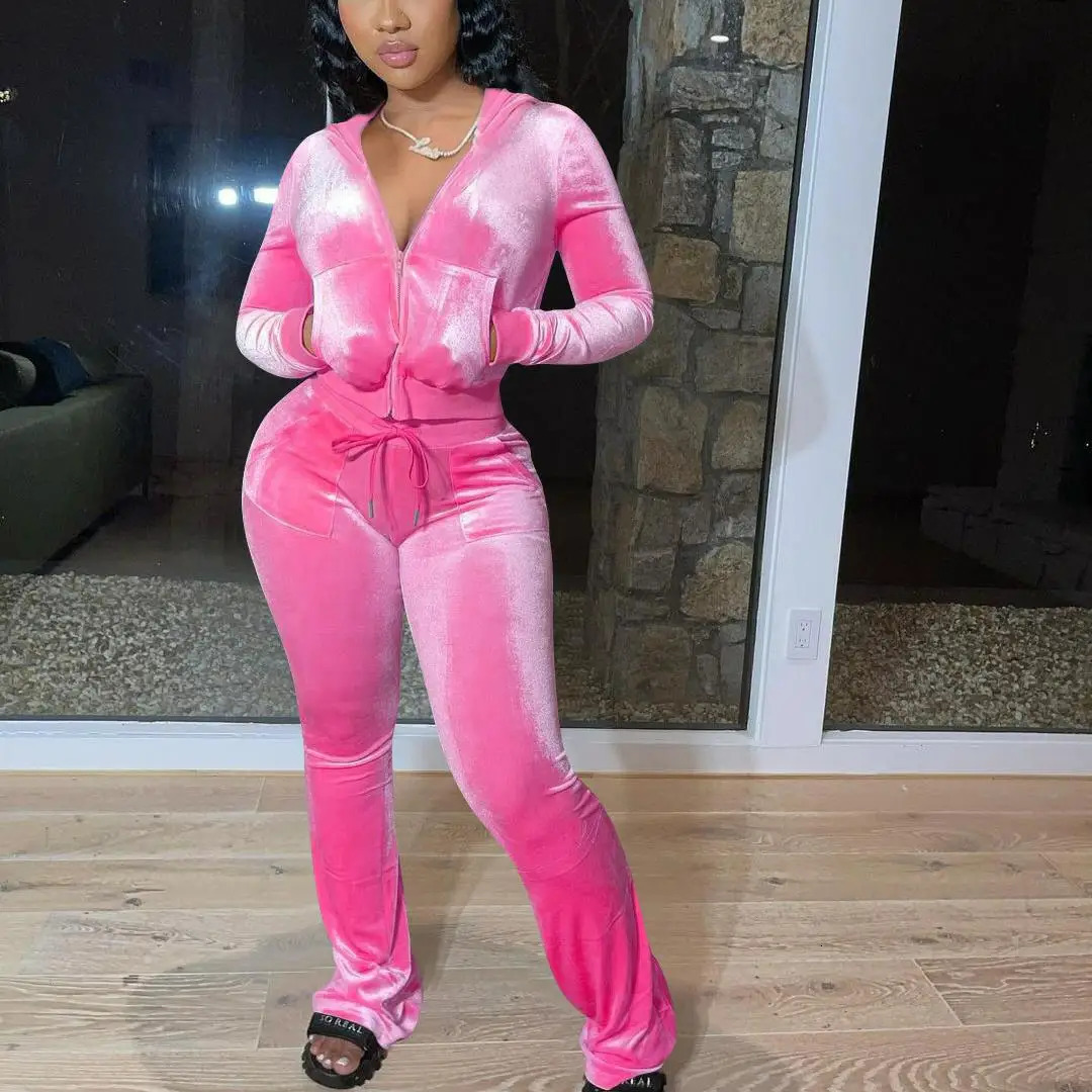Women Solid Velvet Sports Outfits Autumn Casual Long Sleeve Hooded SweatshirtDrawstring Trousers Plus Size Female Running Sets 250515