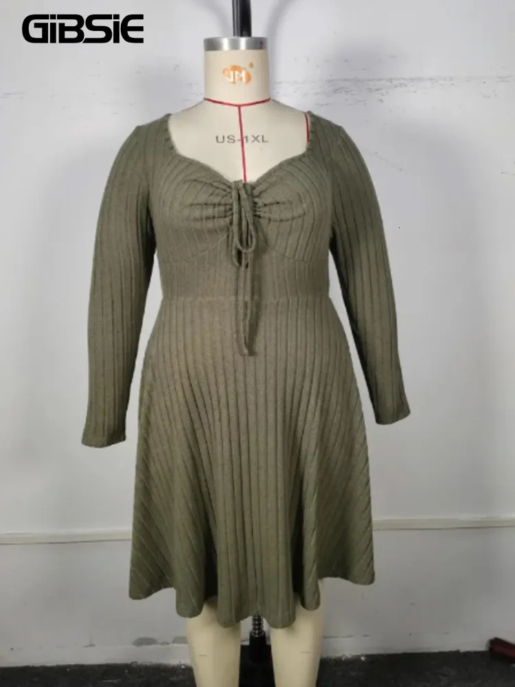 GIBSIE Plus Size Sweettheart Neck Knot Front A-Line Dress Women Fall Vintage Long Sleeve Ribbed Knit Casual Winter Dresses 250515