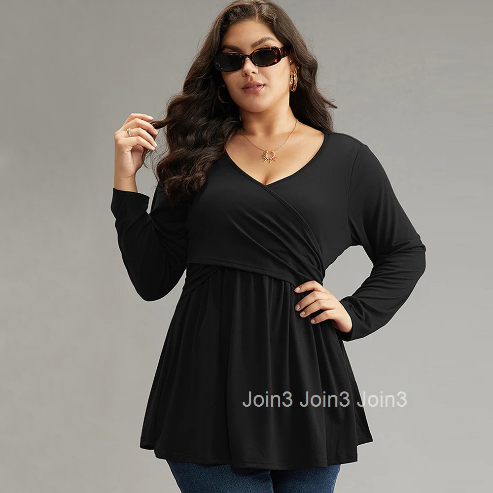 Large Size Womens Autumn and Winter Waist Cinched Ruffle Sexy V-neck Solid Color Long Sleeved T-shirt Temperament Top