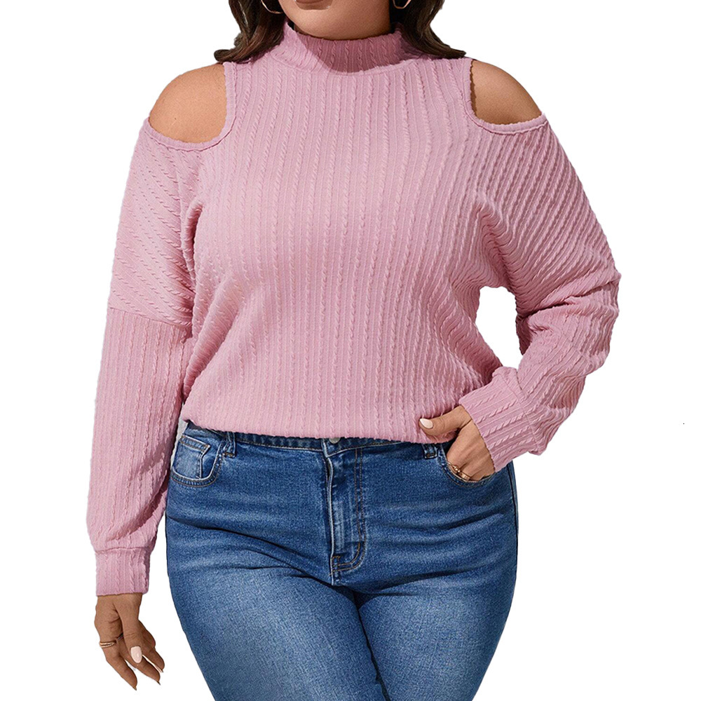 Large Size Womens Autumn and Winter New Texture Knitted Long Sleeved Half High Neck Off Shoulder T-shirt Top