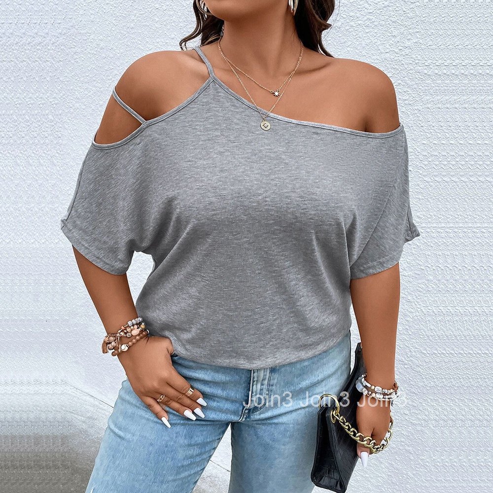 Large Size Womens New Loose Casual Sloping Collar Off Shoulder Short Sleeved Temperament Top