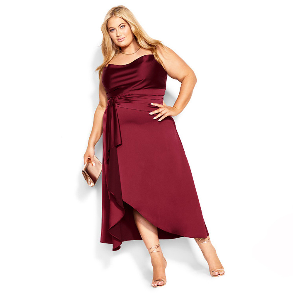 Plus Size Womens Color Satin Suspender Red Dress Banquet Dress