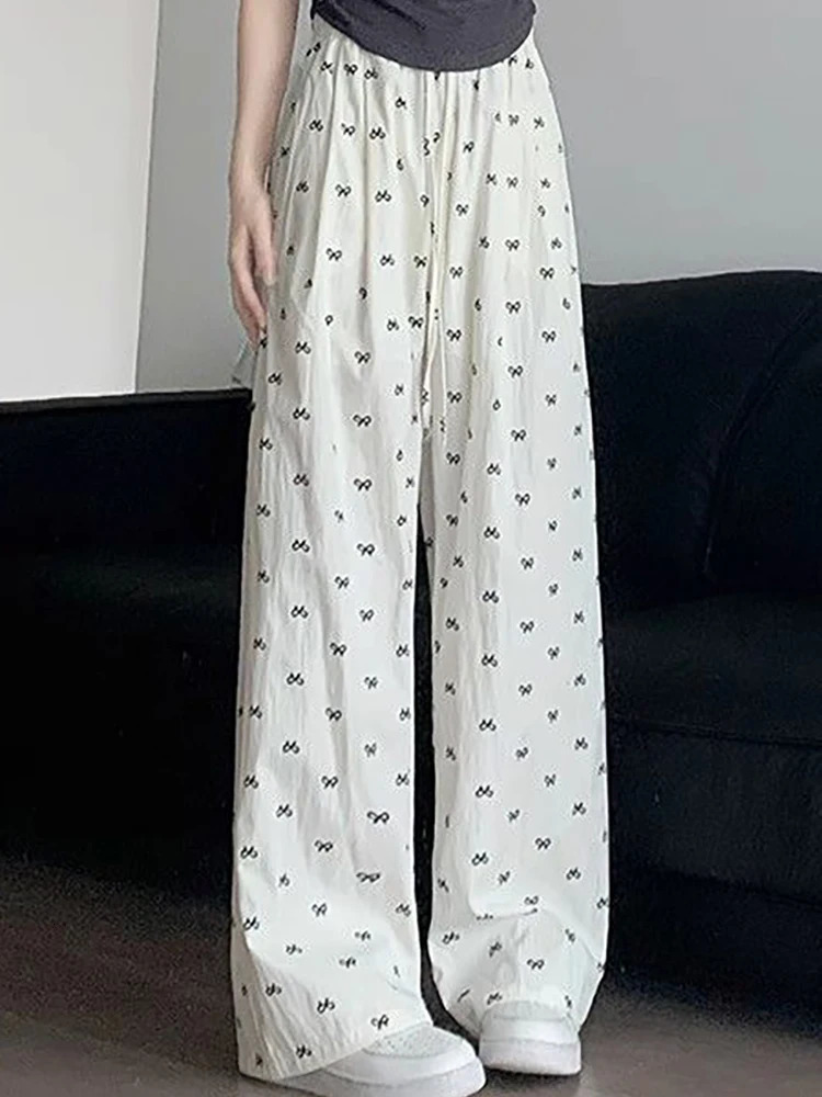 Summer Womens Korea Casual Elastic Waist RelaxedFit Pants 2025 Female Sweet Style Irregular Bow Print WideLeg 250506