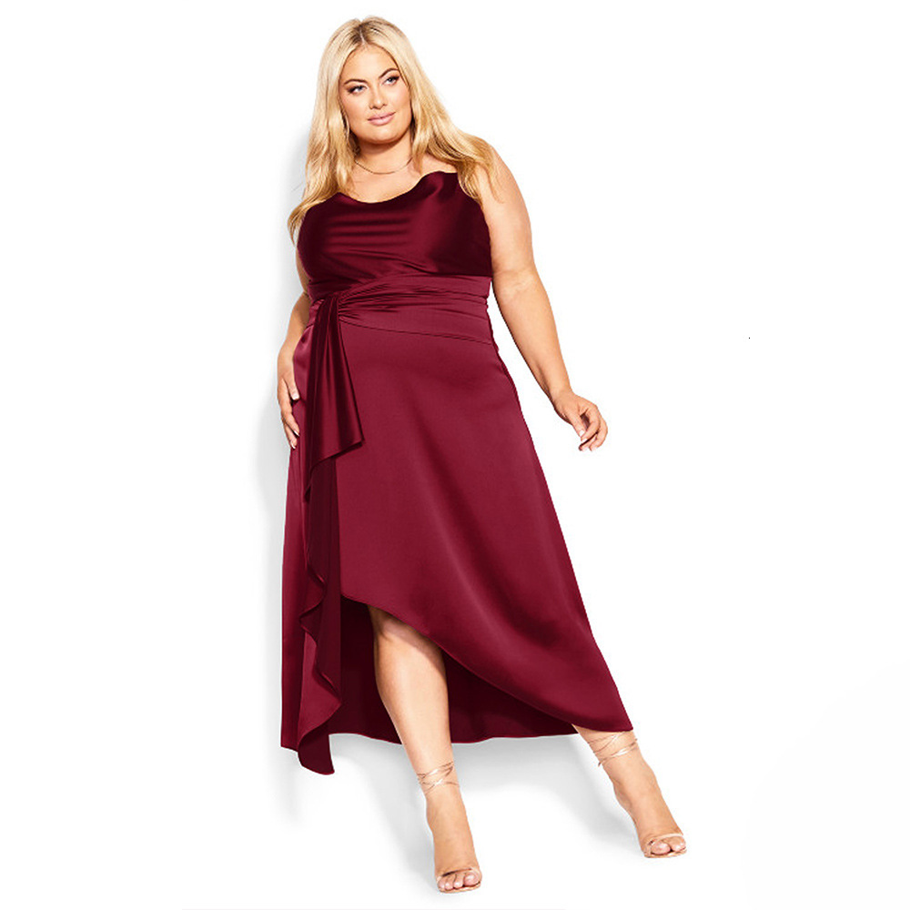 Plus Size Womens Color Satin Suspender Red Dress Banquet Dress