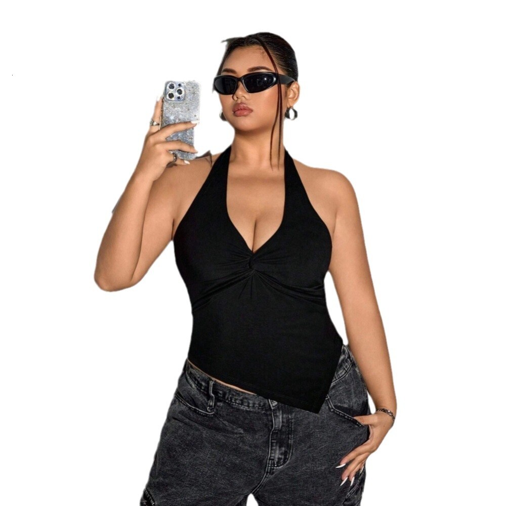 2025 Plus Size Womens Sexy Hanging Neck T-shirt for Spring and Summer Backless Design V-neck Short Top