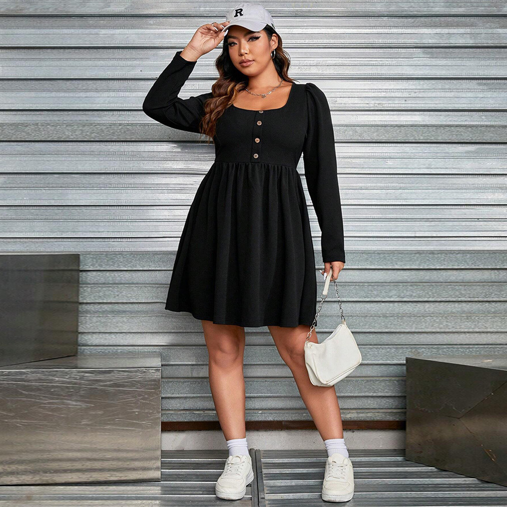 Large Size Womens Clothing Autumn and Winter New Collection Waist Cinching Large Skirt Short Skirt Long Sleeved Stylish Dress with Temperament