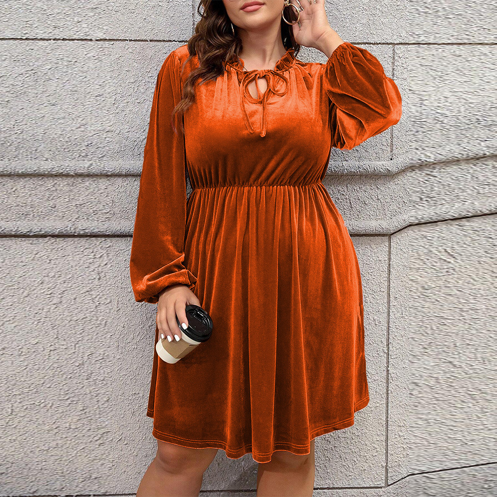 Autumn and Winter New Plus Size Womens Clothing with Waist Cinched Bubble Sleeves Large Skirt Short Skirt Velvet Dress