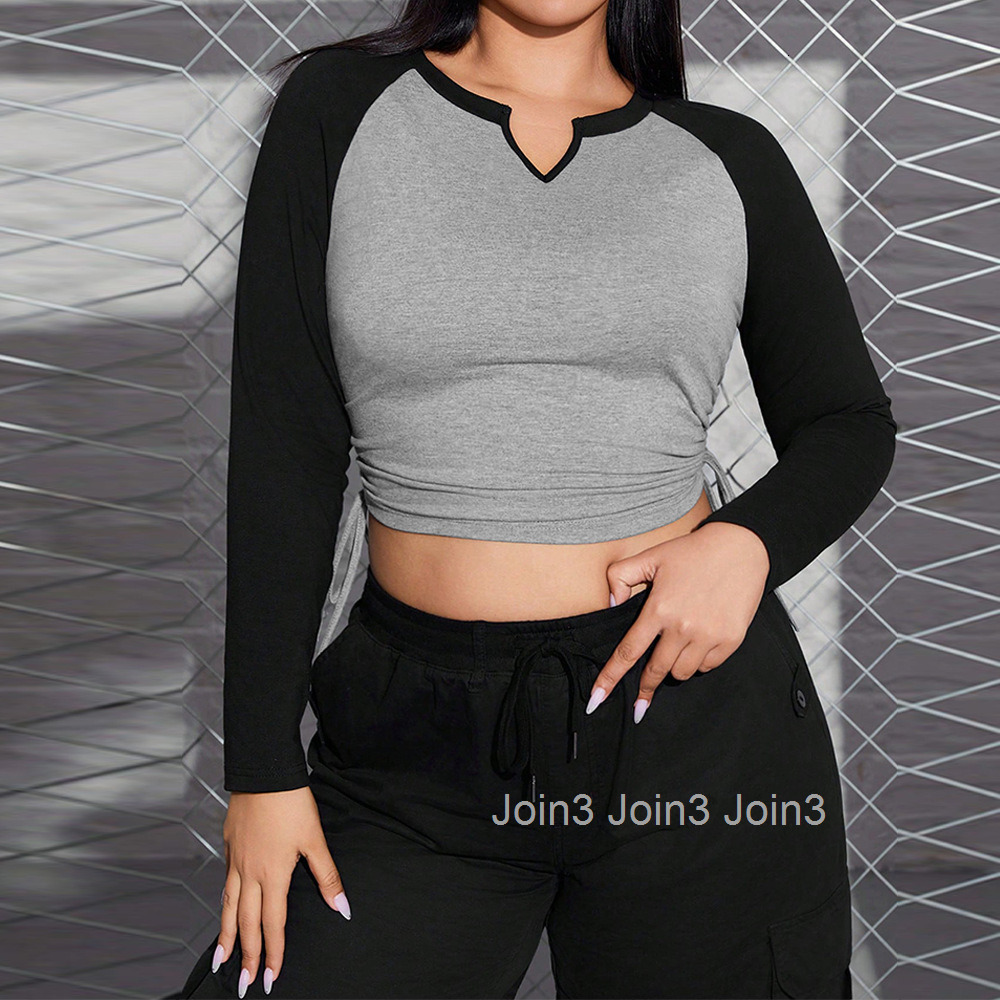Oversized Womens Clothing Style Design V-neck Long Sleeved T-shirt Front Shoulder Base Shirt Spliced Contrasting Color Top