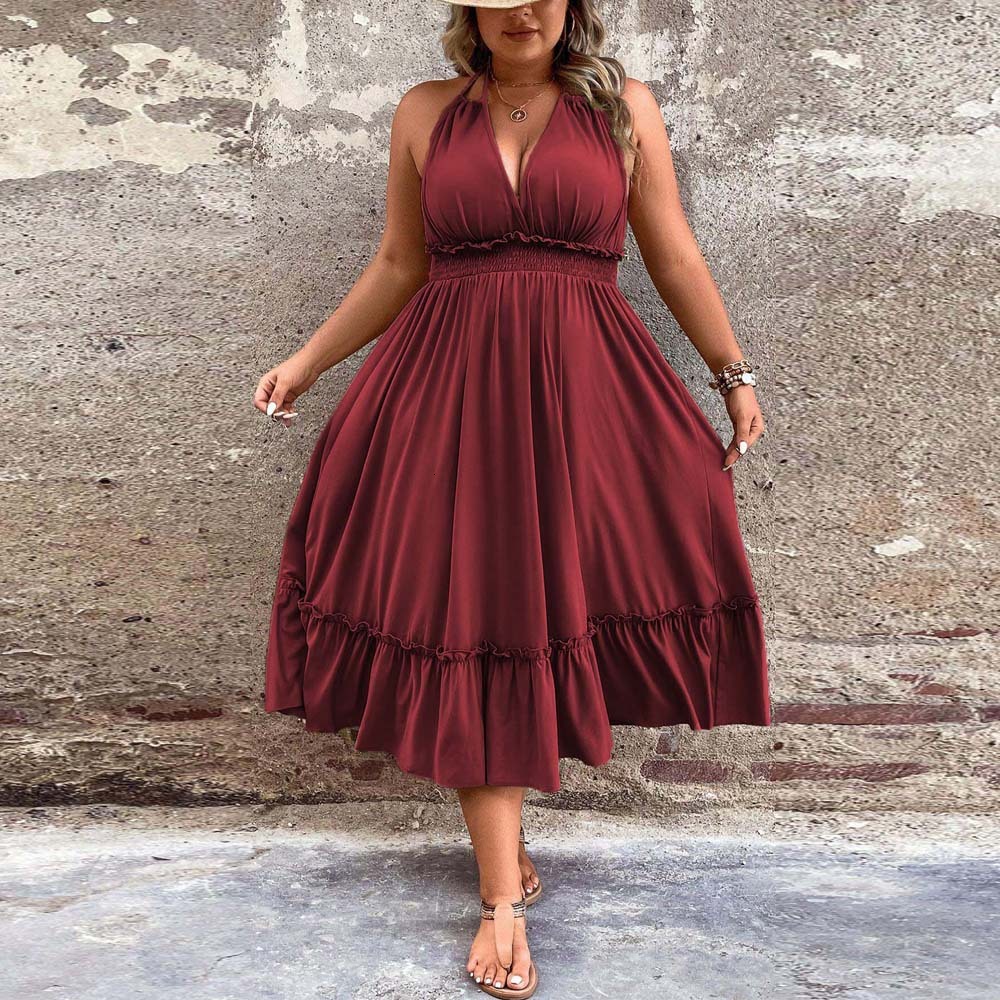 Plus Size Womens Roman Vacation Style Dress Summer New V-neck Hanging Neck Mid Length Skirt