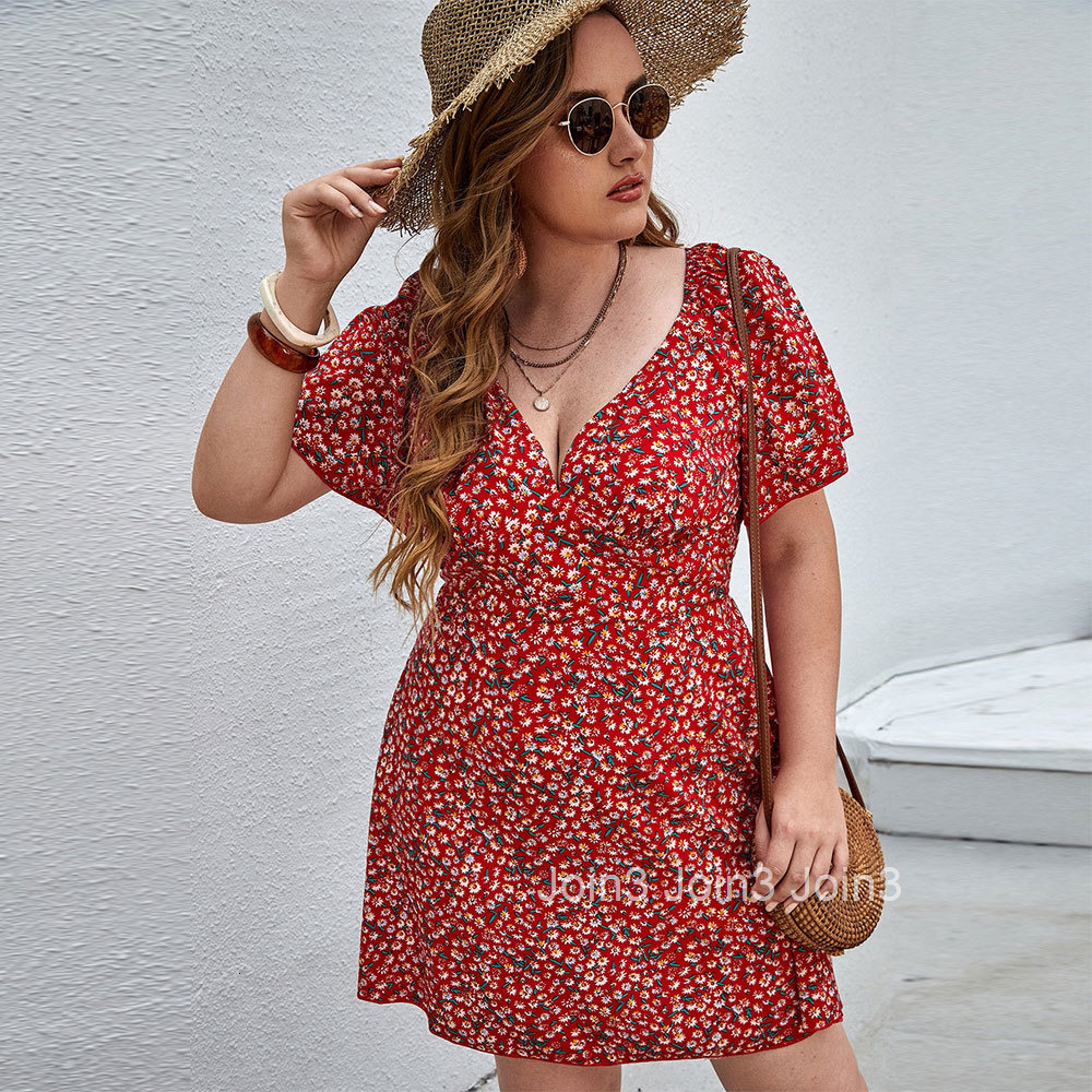 Plus Size Womens Spring and Summer Sexy V-neck Small Floral Beach Vacation Home Casual Dress