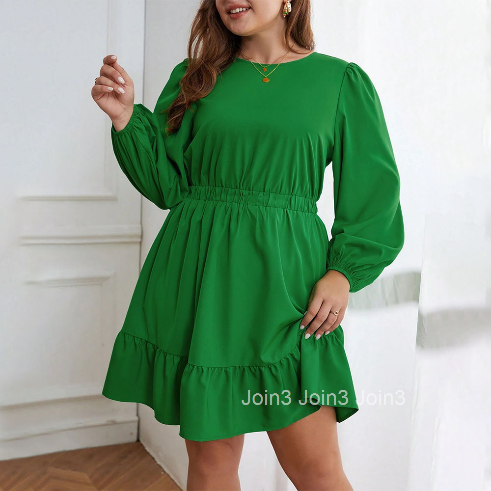 Large Size Womens Autumn and Winter Ruffle Edge Waist Cinched High Skirt Round Neck Long Sleeved Temperament Dress