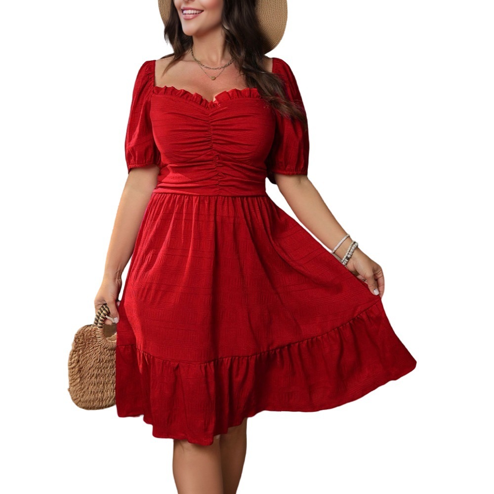 Plus Size Womens Elegant Style Dress Summer New V-neck Commuting Design Mid Length Skirt