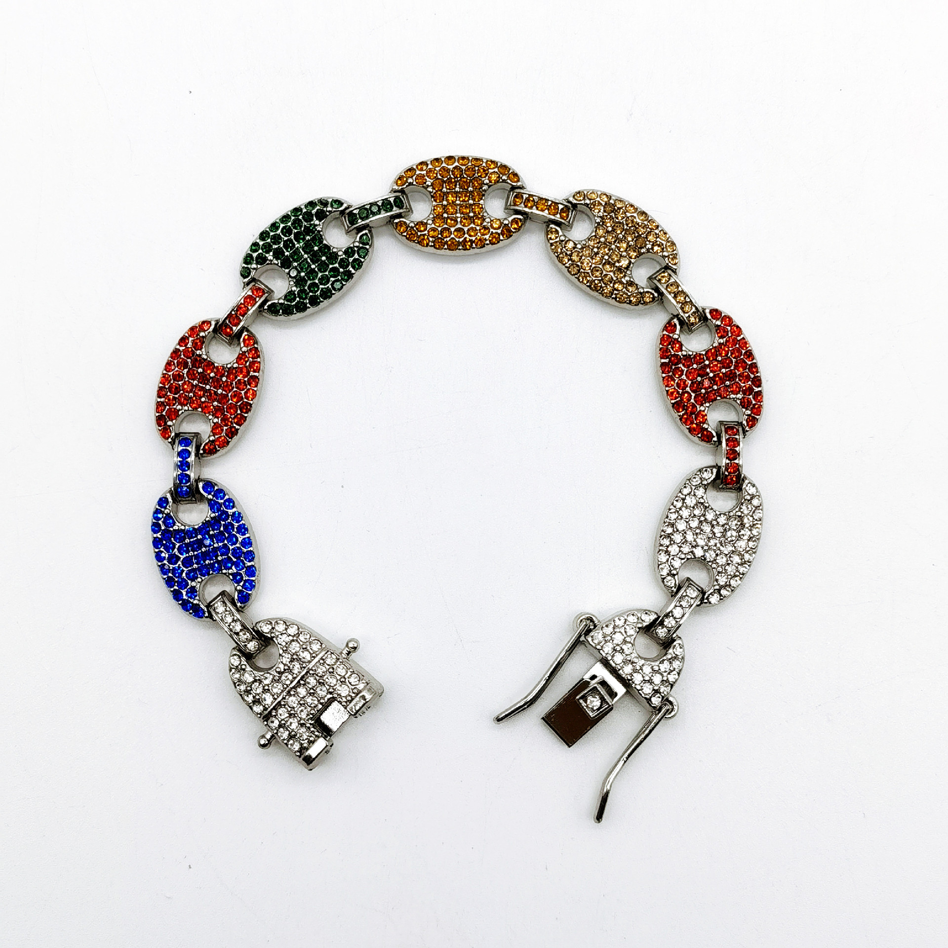 New Hip Hop Iced Out Coffee Bean Link Chain Necklace and Bracelet Set for Men Women Bling Jewelry with Buckle Lock Design Wholesale