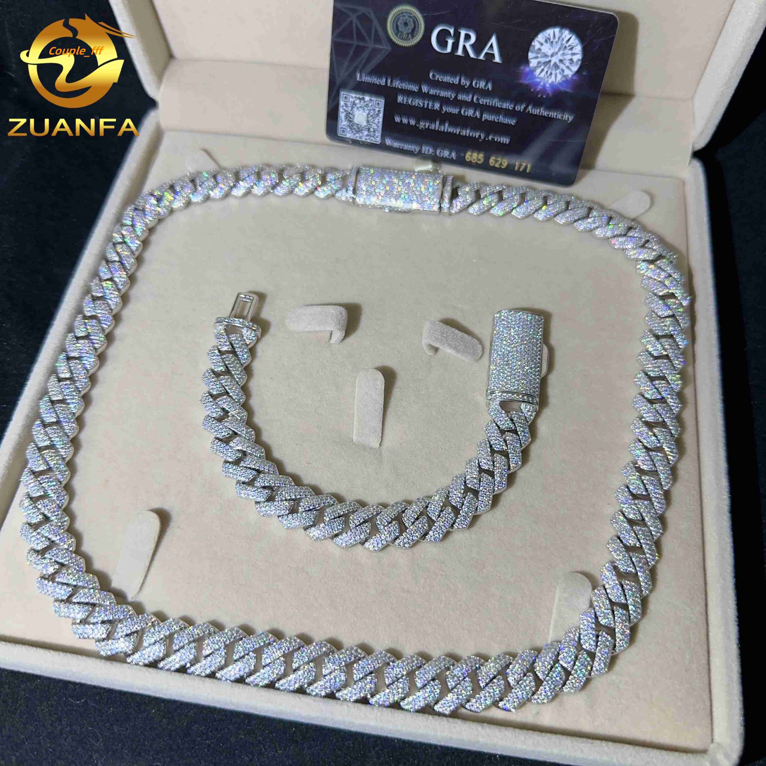 13MM Width Three Row Diamond Cuban Necklace Bracelet Silver 925 VVS Moissanite Diamond Iced Out Hip Hop Cuban Link Chain