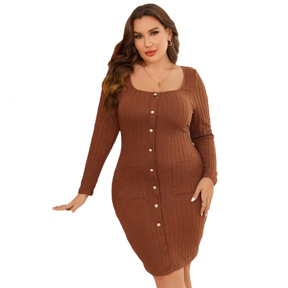 Large Size Womens Autumn and Winter New Slim Fit Bag Hip Square Collar Textured Long Sleeved Sexy Dress