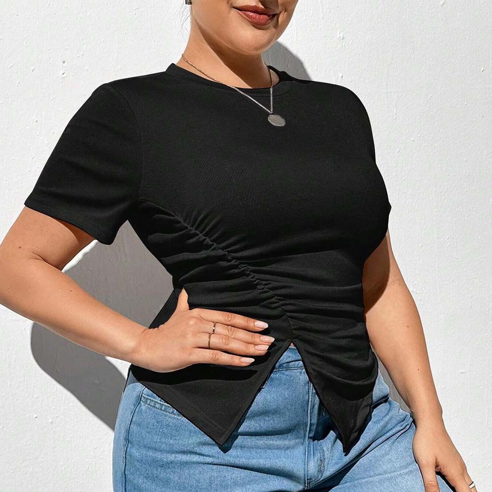 Plus Size Womens Instagram Minimalist T-shirt Summer New Round Neck Solid Color Short Sleeved Split Top