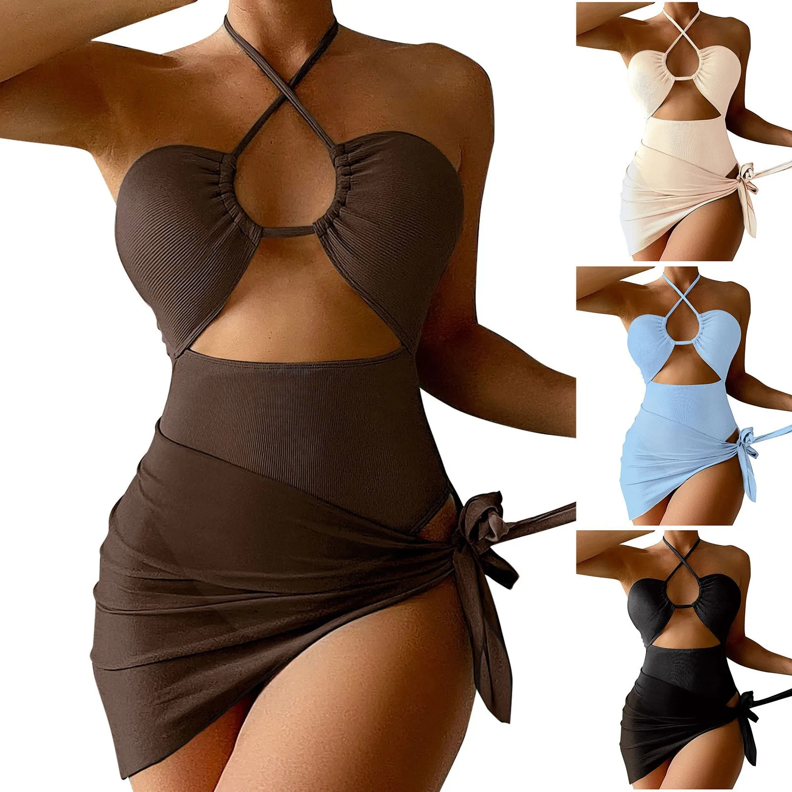 Sexy Swimsuit Women Swimwear With Cover Up Skirt 2025 Monokini Swimming Suit For Bathing Bra Thong 250506
