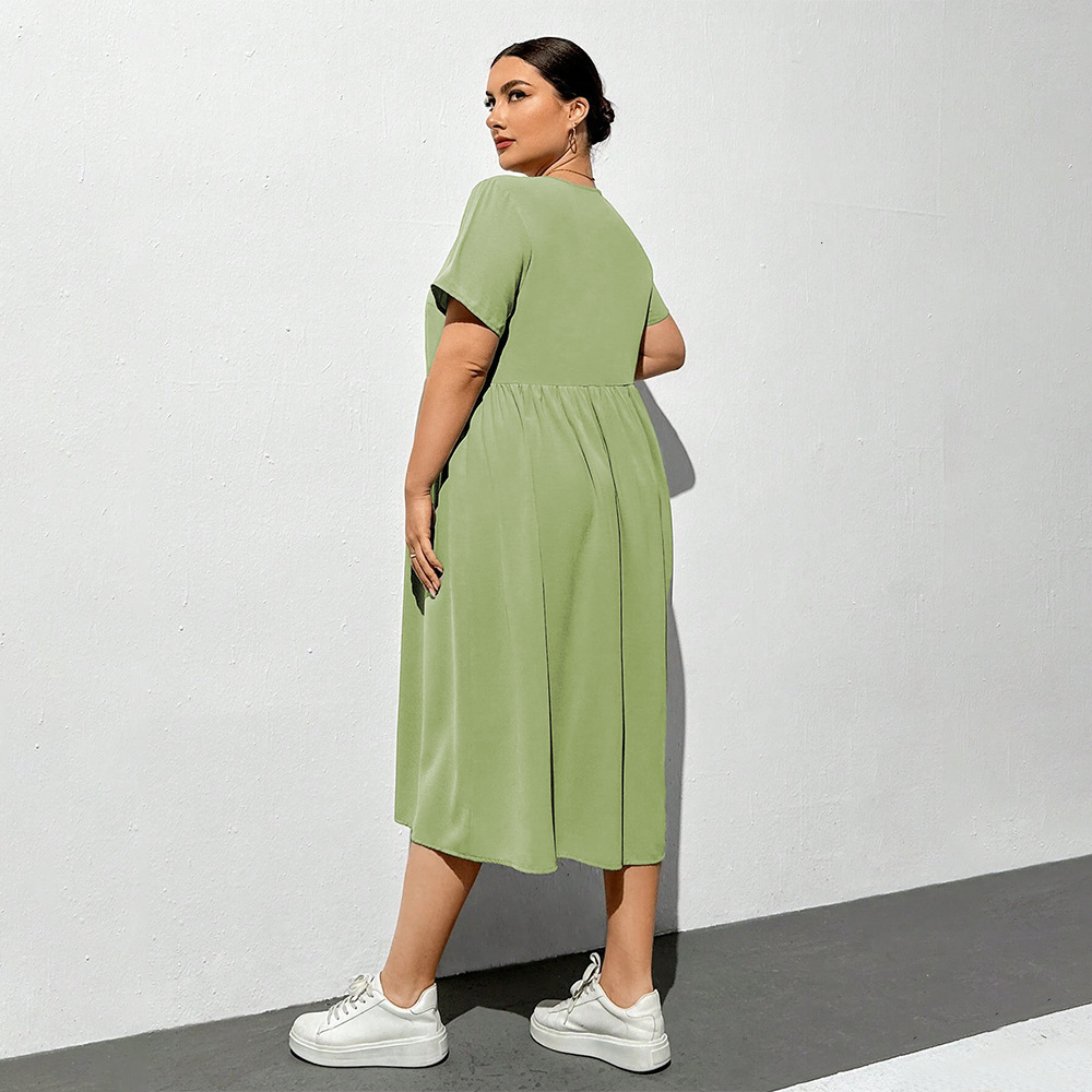 Spring/summer New V-neck Short Sleeve Knee Over Skirt Solid Color Loose High Waist Dress