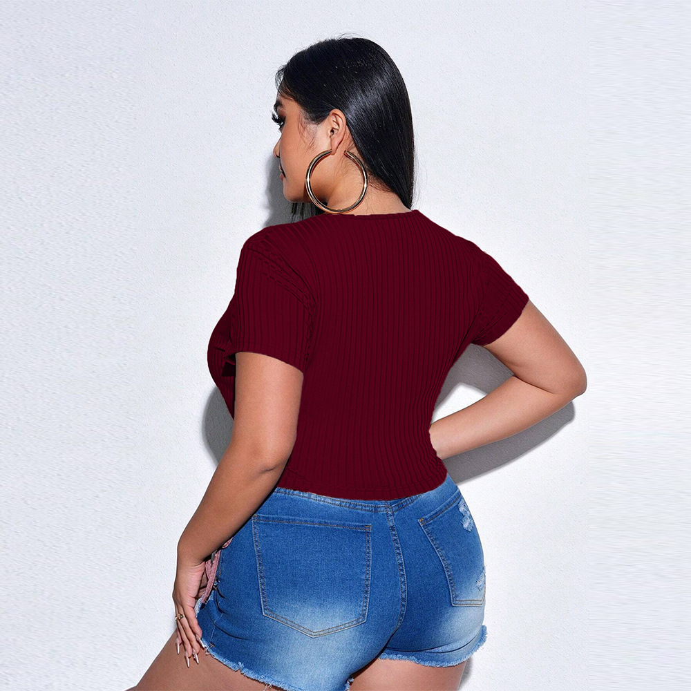 Spring/summer New Large Womens Sexy V-neck Slimming T-shirt Short Sleeve Knitted Solid Color Top