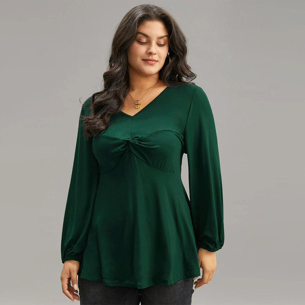 Plus Size Womens Elegant and Intellectual T-shirt Autumn and Winter V-neck Fashionable Versatile Slimming Long Sleeved Top