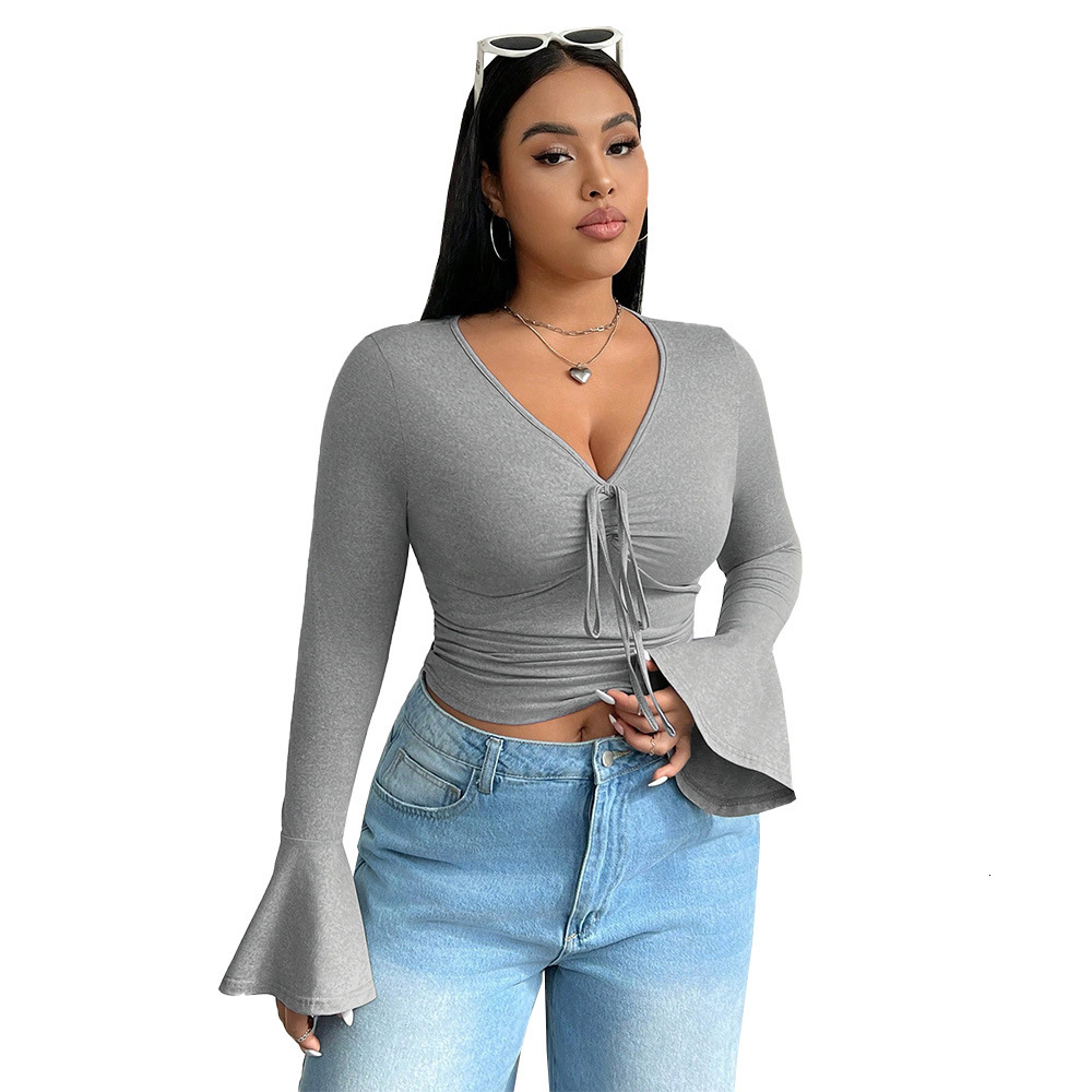 Autumn and Winter Plus Size Womens V-neck Long Sleeved T-shirt Pure Desire Temperament Slimming Short Top