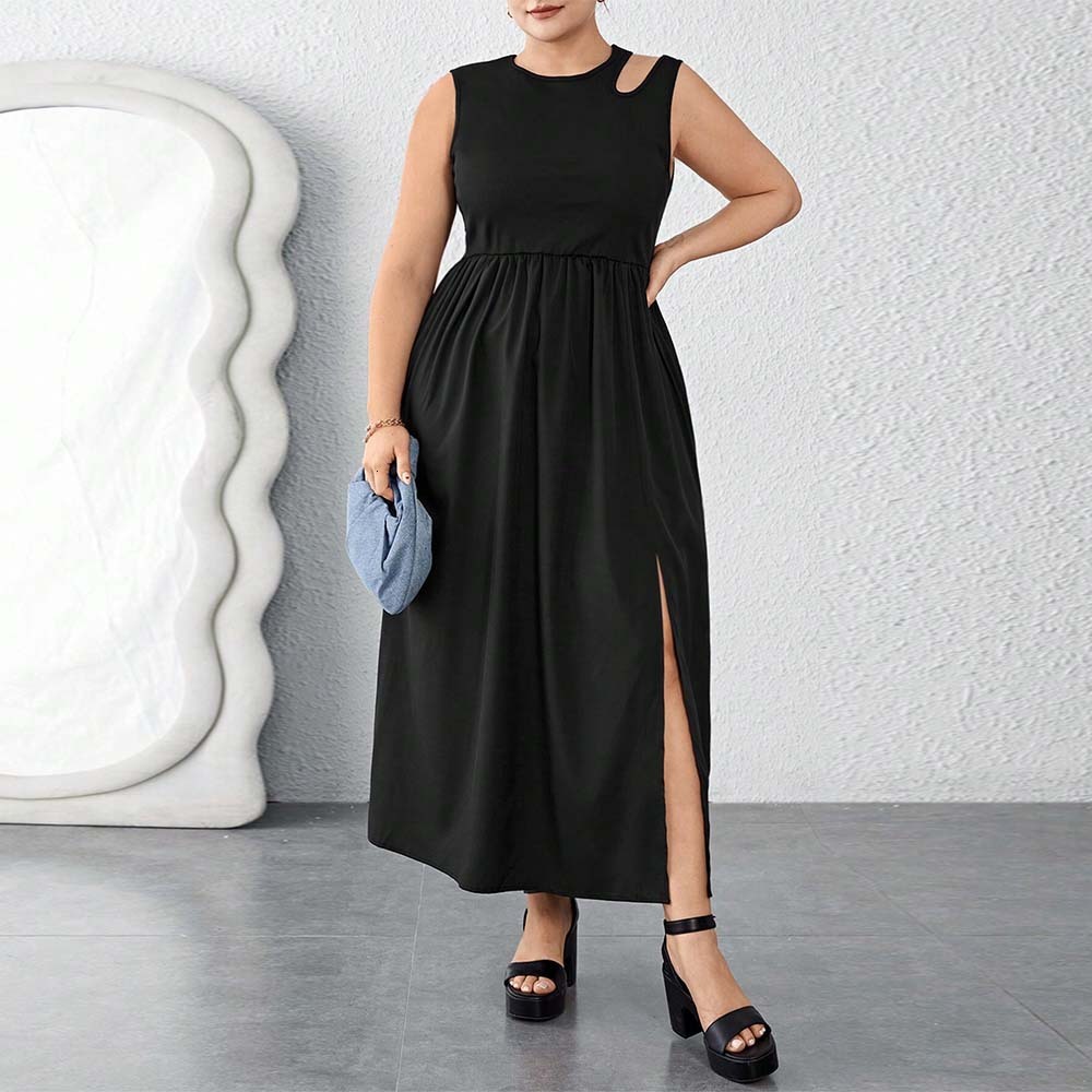 Summer New Large Round Neck Waist Split Skirt Tank Top Sleeveless Splicing Dress