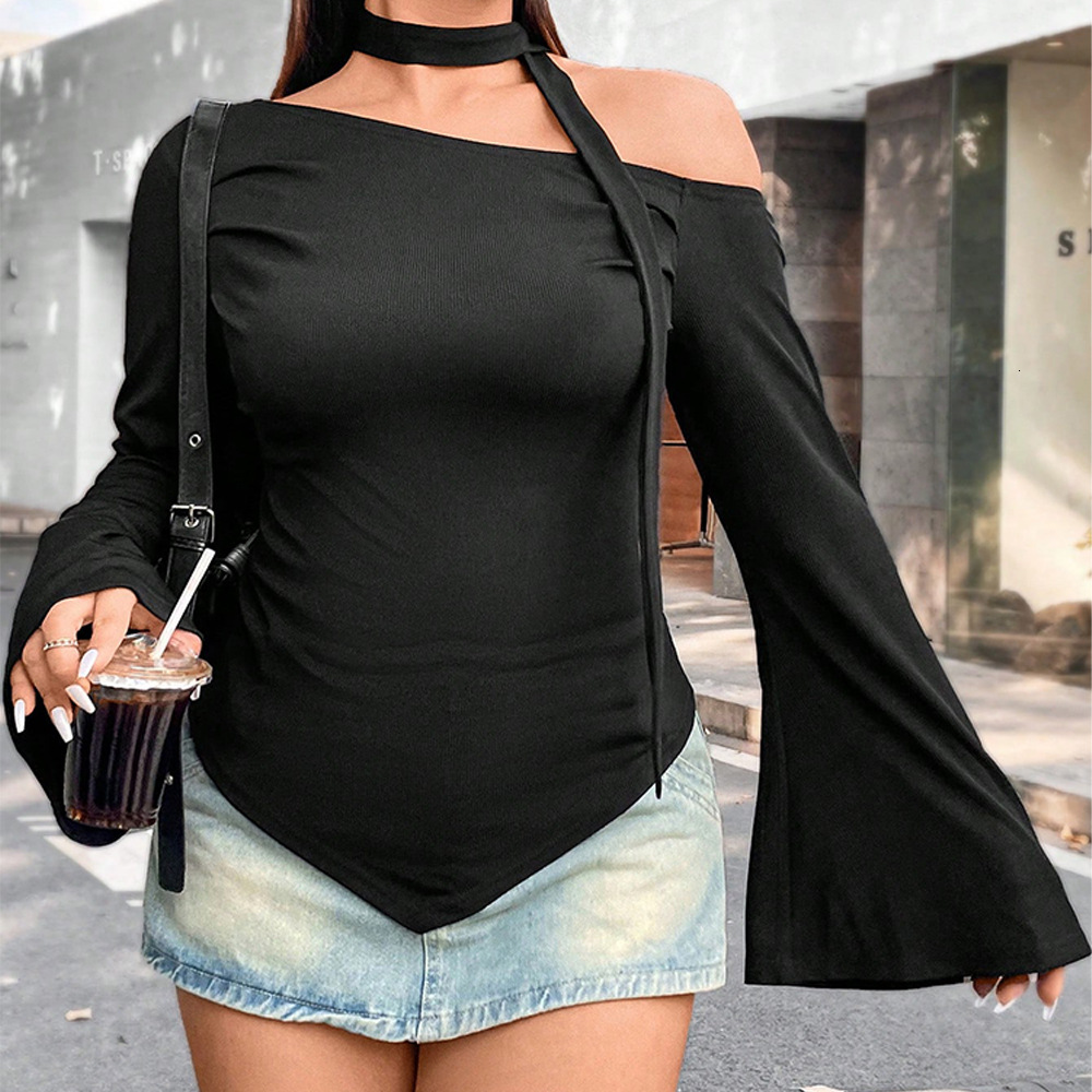 Large Size Womens Clothing Autumn and Winter Design Sense Irregular Long Sleeved T-shirt Short Fit Off Shoulder Top