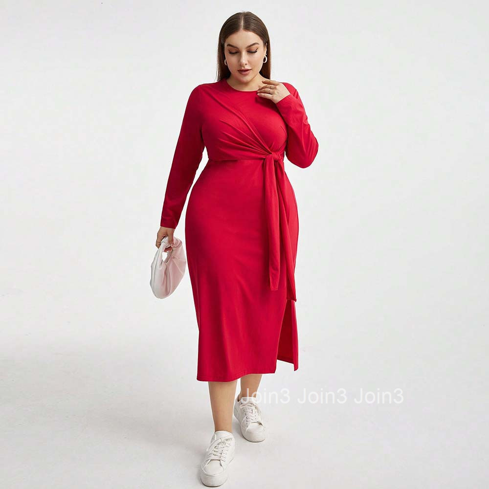 Plus Size Womens Elegant Style Autumn and Winter High Waisted Lace Up Hip Hugging Long Skirt Long Sleeved Dress