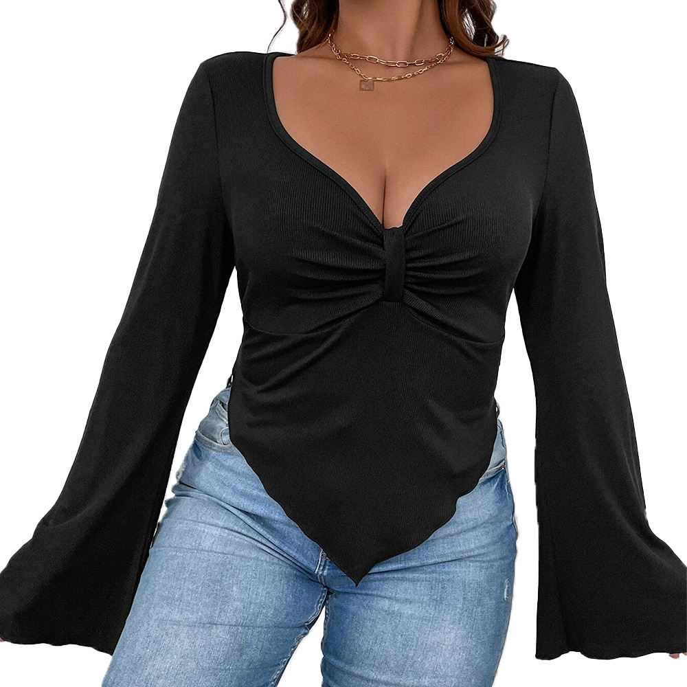Large Size Womens Clothing Autumn and Winter New Item Slim Fit Irregular Hem Flared Sleeve Knitted T-shirt Top