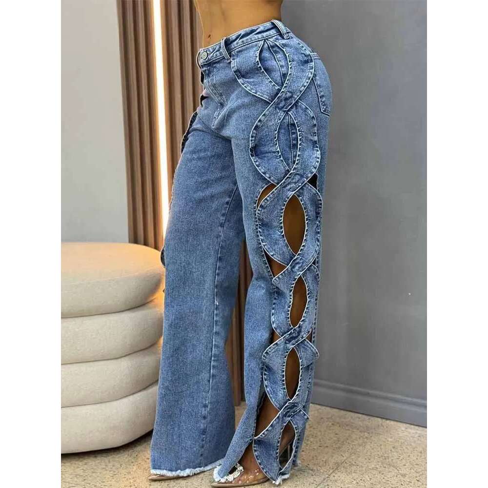 Fashion Streetwear Y2k Hollow Out Jeans Women High Waist Side Cross Cutout Wide Leg Blue Denim Pants Elegant Party Jean