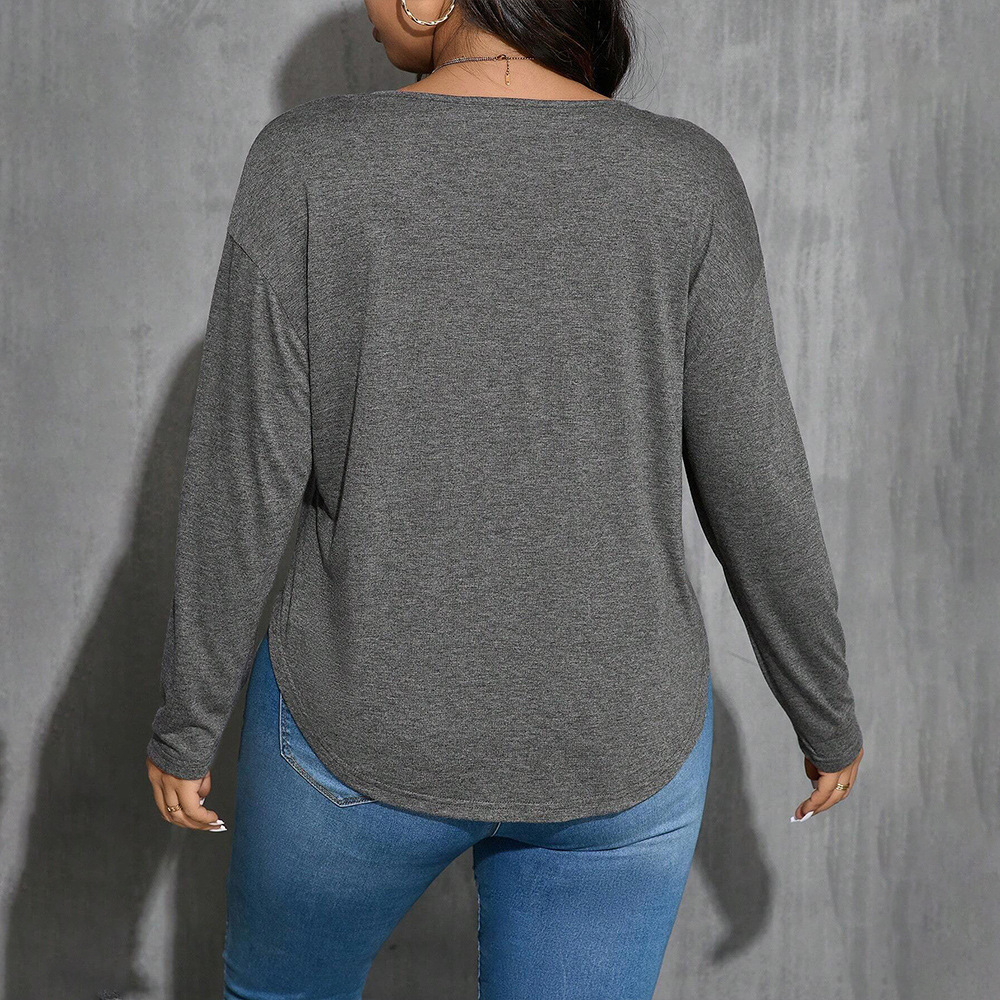 Womens V-neck Simple T-shirt Autumn and Winter Gray Versatile Loose Slimming Base Top
