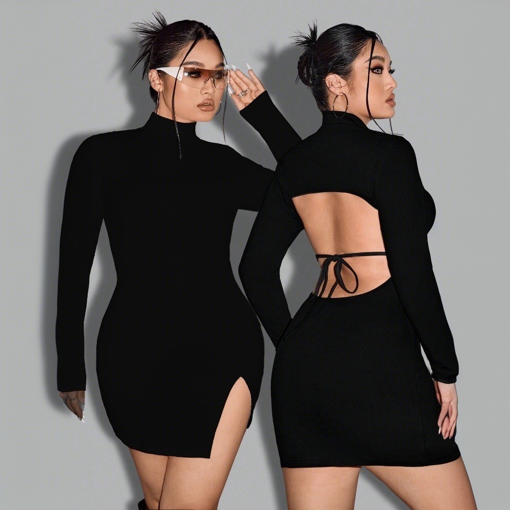 Womens Sexy Pure Desire Dress Autumn/winter New Half High Collar Solid Color High Waist Short Skirt