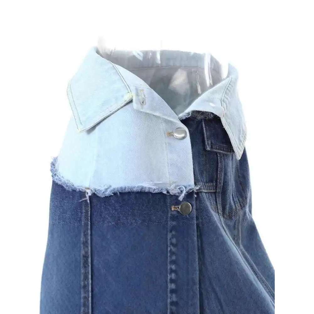 High Waist Blue Denim Fold Color-block Burr Casual Half-body Skirt Women Fashion Tide New Spring Autumn 7AB6481