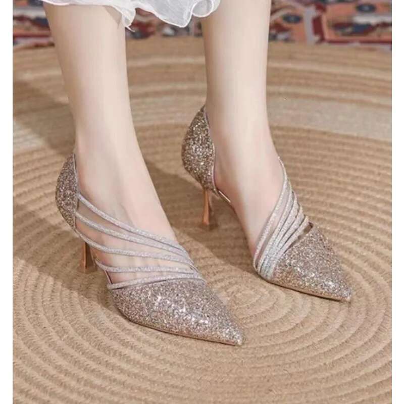 Sexy Pointed Toe Champagne Ladies High Heels New Shiny Crystal Wedding Bridal Simple and Elegant Women's Dress Shoes