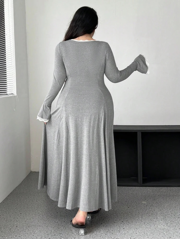Plus Size Womens Fit Knit Dress U Neck Solid Colour Long Sleeve Casual Elegant Long Dress Polyester Material 250515