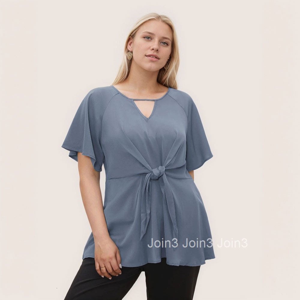 2025 New Plus Size Womens Simple and Elegant Style T-shirt V-neck Waist Cinching Slimming Loose Versatile Top