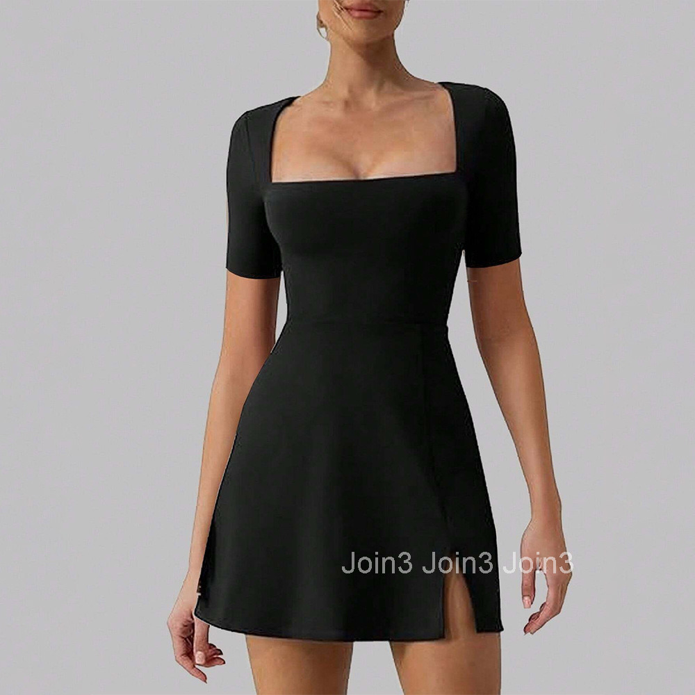 Womens Insspring/summer New Short Sleeve Solid Color Square Neck Slimming High Waist Split Dress